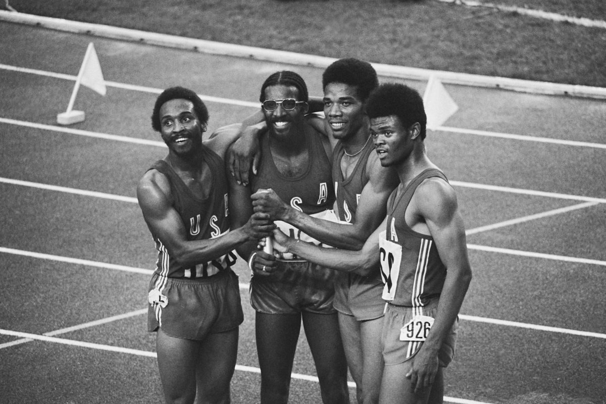 The U.S. team, winners of the men’s 4x400 meter relay at the 1976 Summer Olympics in Montreal, Canada, July 1976. From left to right, Fred Newhouse, Benny Brown, Maxie Parks and Herman Frazier.  (Getty Images)