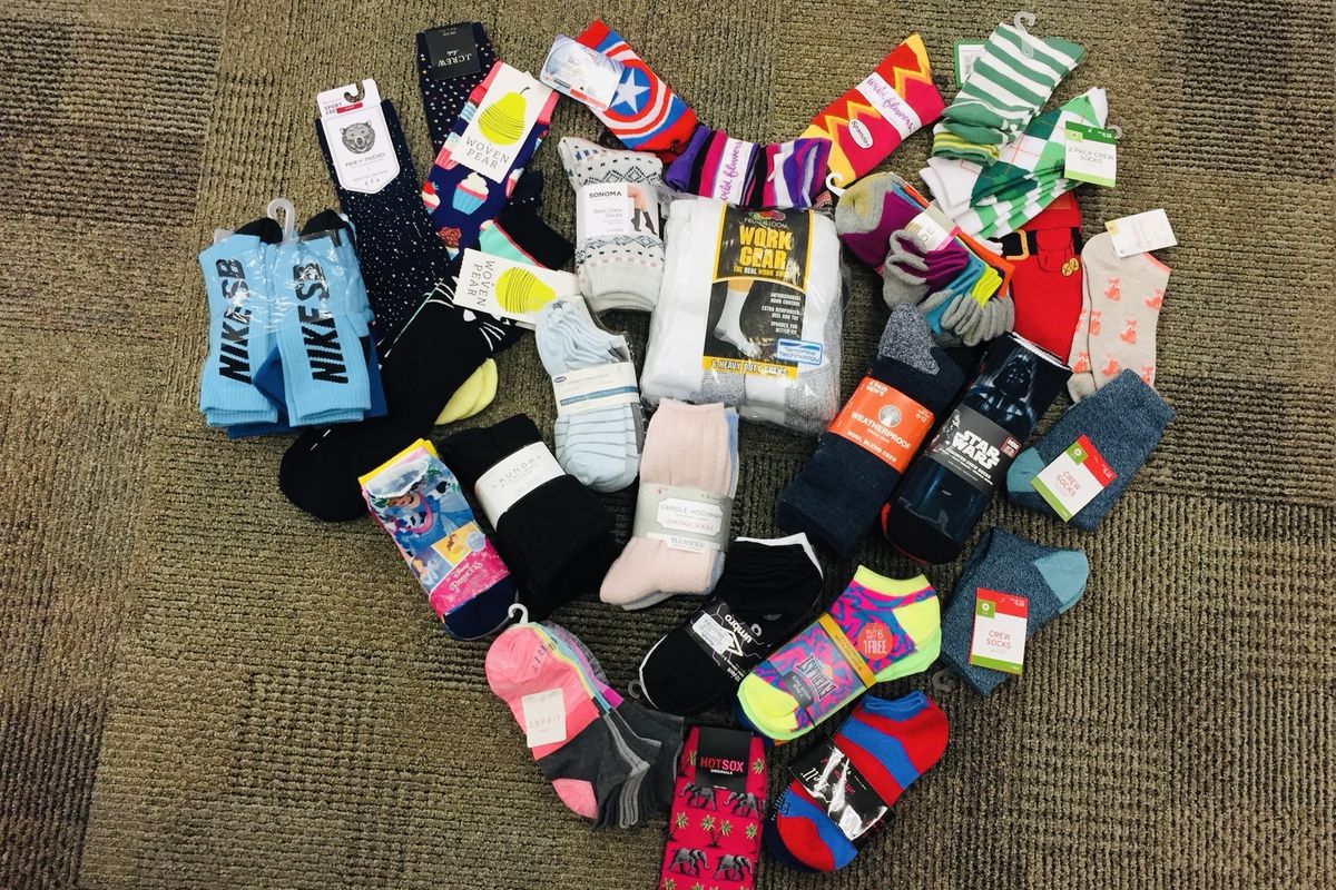 These socks gathered by students at a school in Tennessee are among the millions donated to Brad Montague’s Socktober cause since 2010. 