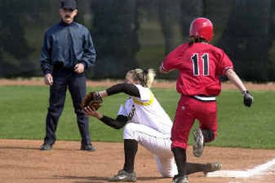 
Ashley Lynn, center, moved to first base for the Wichita State Shockers this season.
 (Dale Stelz photo / The Spokesman-Review)