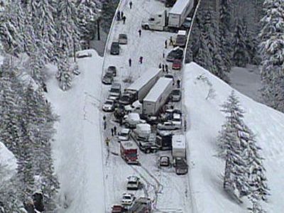 
This image from video shows a multi-vehicle accident on Interstate 90 along the Snoqualmie Pass summit east of Seattle on Wednesday. 
 (Associated Press / The Spokesman-Review)