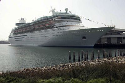 
The Monarch of the Seas cruise ship is docked at the Port of Los Angeles Friday. Three crew members were killed by gas from a raw sewage spill aboard the ship. 
 (Associated Press / The Spokesman-Review)