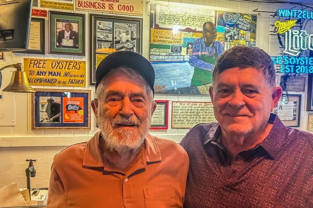 Jim Rush, left, and his son Jimmy Rush at Wintzell’s Oyster House on Feb. 23 in Mobile, Alabama. Jimmy Rush turned 80 that day and got free oysters with his 99-year-old father.