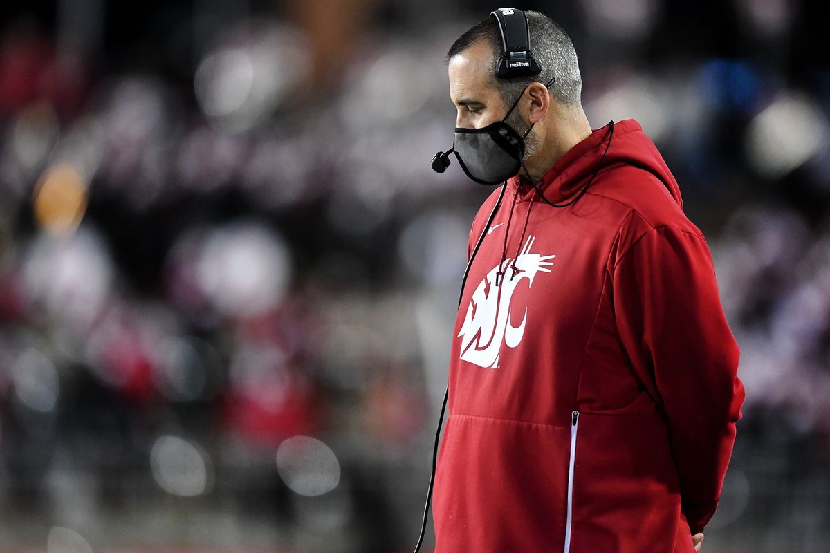 Nick Rolovich is pictured during his final game as Washington State head football coach, a 34-31 win over Stanford at Gesa Field in Pullman on Oct. 16, 2021.  (Tyler Tjomsland/The Spokesman-Review)
