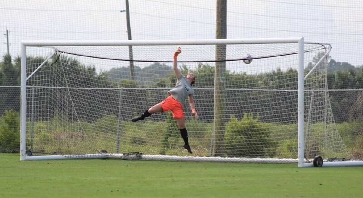 Mead goalkeeper Mercedes Cullen leaps between the posts during a practice session.  (Courtesy of Rich Cullen)