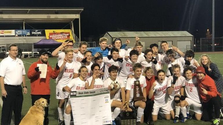 Members of the St. George’s boys soccer team celebrate their State 2B/1B championship on Saturday, Nov. 23, 2109. (@wiaawa / Twitter)