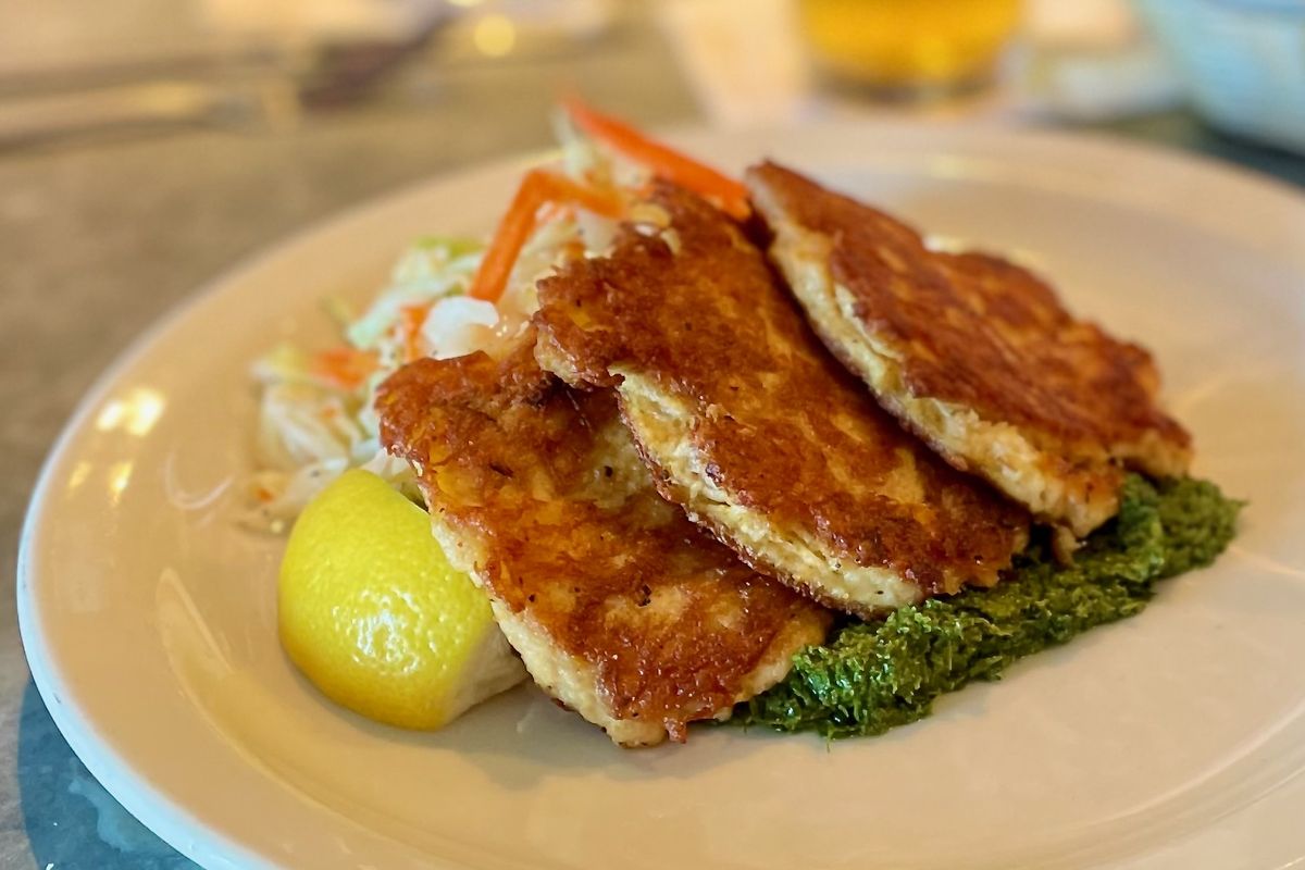 The Dungeness crab cakes at Saltwater Fish House in Langley. (Leslie Kelly)
