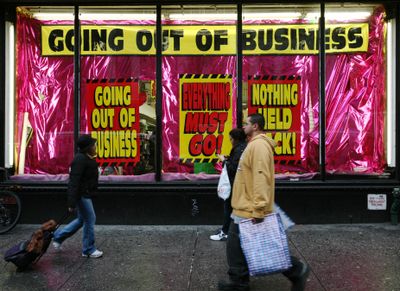 A store advertises that it is going out of business earlier this month in New York. Consumers cut back on spending at retail stores for a record fifth straight month in November, another sign the recession that is already the longest in a quarter-century will hold on into the new year. (FILE Associated Press / The Spokesman-Review)