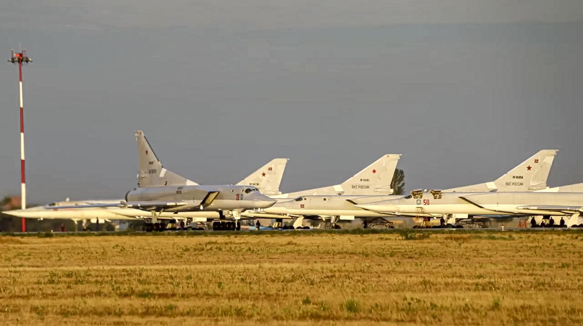 In this photo released by Russian Defense Ministry Press Service, one Russian Tu-22M3 long-range bomber rolls preparing for its takeoff at the Termez firing range in Uzbekistan, Friday, Aug. 6, 2021. On Friday, Russian and Uzbek troops wrapped up joint war games involving 1,500 troops and 200 military vehicles who practiced action to destroy militants. The maneuvers featured Russian Tu-22M3 long-range bombers hitting mock targets representing militant camps at the Termez firing range in Uzbekistan. (HOGP)