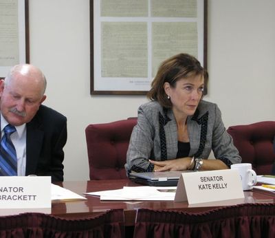 Sen. Kate Kelly, D-Boise, right, questioned Idaho's state energy chief, Paul Kjellander, on Tuesday on keeping his office's operations 