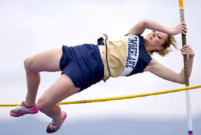 
Timberlake junior Cammy Kuchenski clears the bar in the pole vault. 
 (Ingrid Lindemann / The Spokesman-Review)