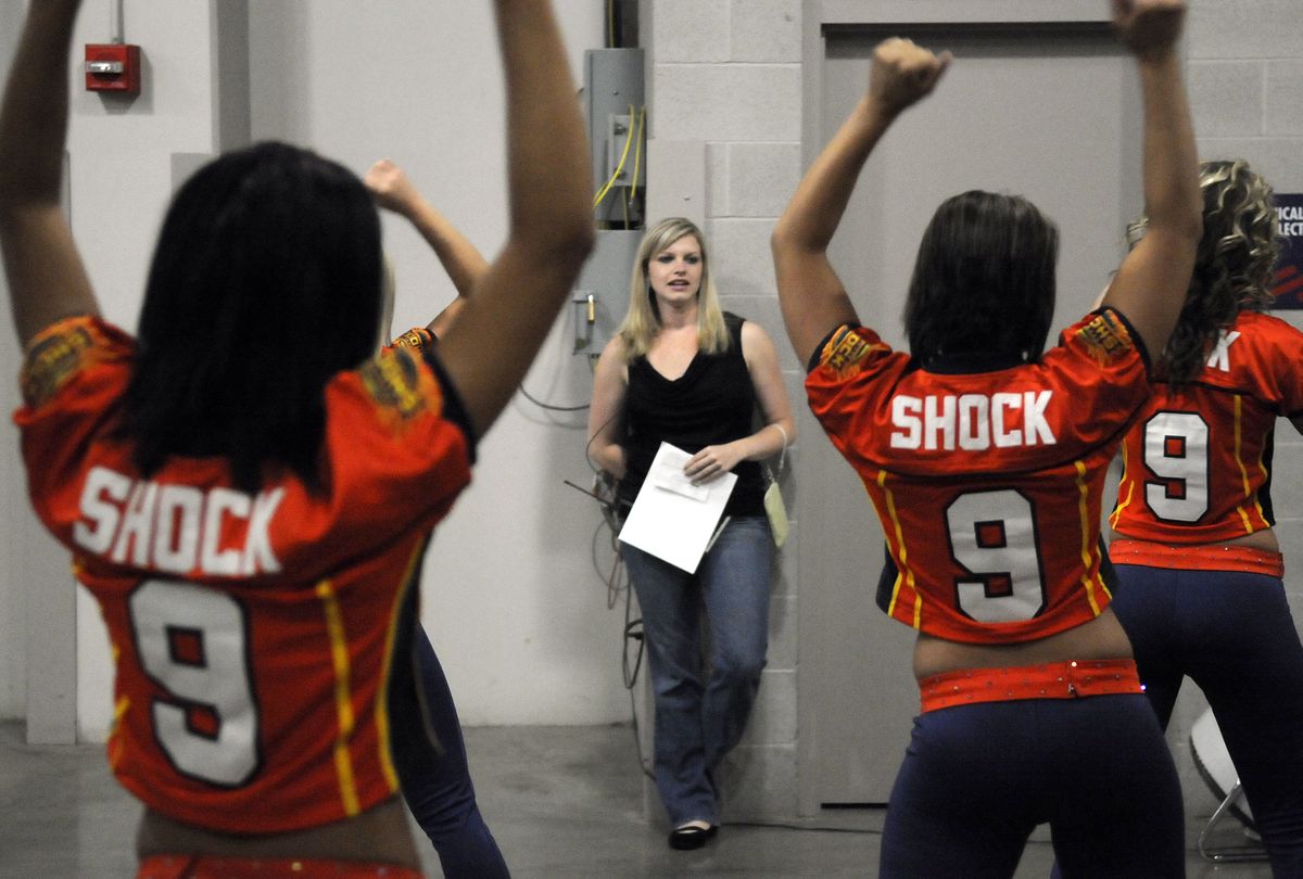 The Spokesman-Review Maggie Cahalan watches the Spokane Shock dance team as they practice a routine before the Shock game against Amarillo, Aug. 16., at the Spokane Arena. (Dan Pelle / The Spokesman-Review)