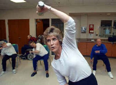 
Seniors at Charlestown Square Retirement Community try to kick old age – at kickboxing class. Fitness instructor Teresa Reymann leads a kickboxing class twice a week for senior citizens living at the retirement community in Catonsville, Md. Don't expect any sparring –  the class consists of controlled kicking and punching, which even the nonambulatory can do. 
 (Baltimore Sun / The Spokesman-Review)