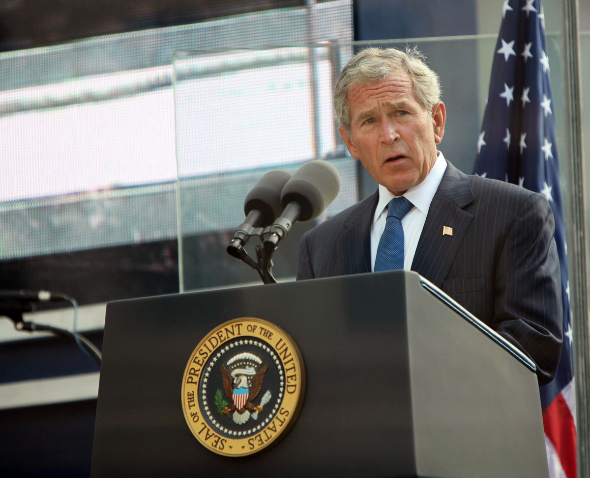 FILE - In this Sept. 11, 2011 file photo, former U.S. President George W. Bush addresses those attending the 10th anniversary commemoration of the terrorist attacks on the World Trade Center in New York. For the first time, elected officials won