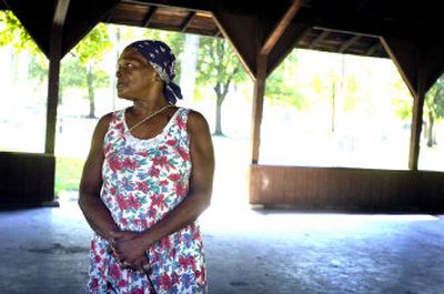 
Ruby La Fleur, a concerned neighbor of High Bridge Park, looks to the woods surrounding the park, where hazardous waste is often left on the trails. La Fleur is worried about her grandchildren and others being exposed to the dangerous litter.
 (Photos by Jed Conklin / The Spokesman-Review)