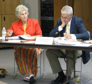 Rep. Maxine Bell, R-Jerome, left, presides over a meeting of a legislative task force that's trying to find alternative funding for the Idaho State Police and state parks. At right is Rep. Rich Wills, R-Glenns Ferry, a retired state trooper. (Betsy Russell / The Spokesman-Review)
