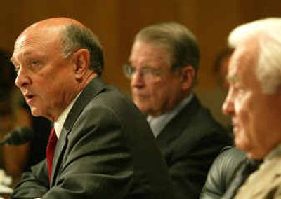 
Three former CIA directors, from left to right, James Woolsey, William Webster, and Stansfield Turner, testify to the Senate Intelligence Committee on Capitol Hill on Monday. 
 (Associated Press / The Spokesman-Review)