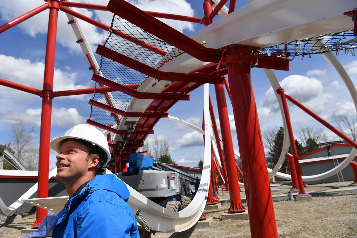 Jordan Carter, marketing manager at Silverwood, shows off construction on the park’s newest roller coaster, Stunt Pilot, last Tuesday at Silverwood Theme Park near Athol, Idaho.  (Tyler Tjomsland/The Spokesman-Review)