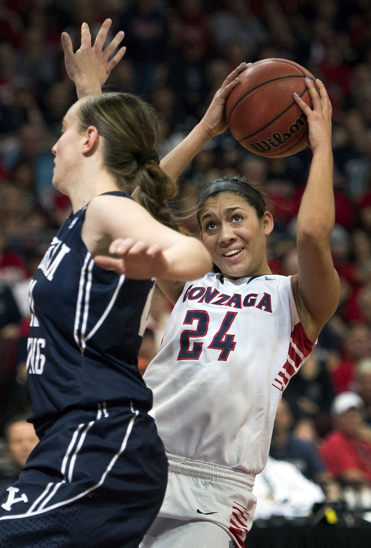 GU guard Keani Albanez, right, maneuvers around BYU’s Lexi Eaton in the second half. (Colin Mulvany)