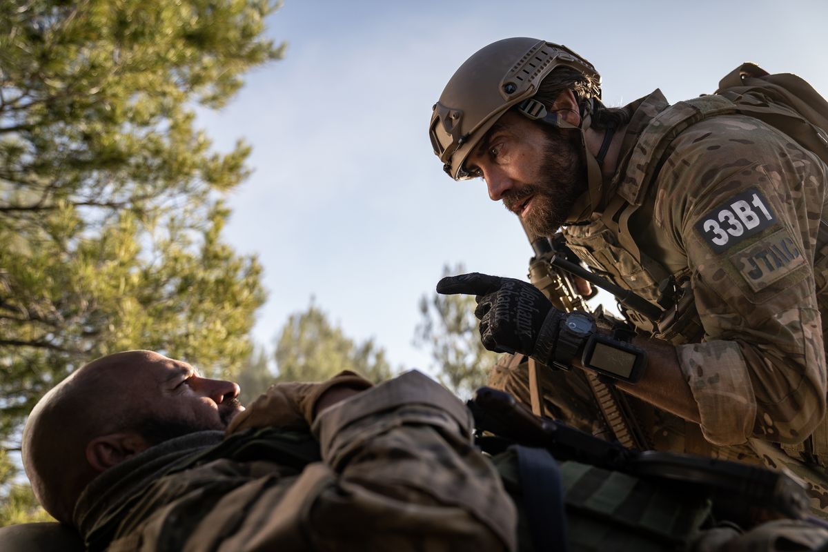 Dar Salim, left, as Ahmed and Jake Gyllenhaal as Sgt. John Kinley in “Guy Ritchie’s The Covenant.”  (Metro Goldwyn Mayer Pictures)