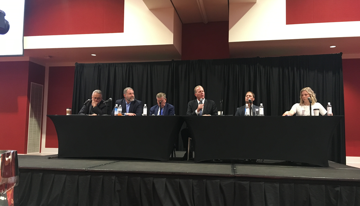 Kevin Faulconer, third from right, the former mayor of San Diego, speaks during a symposium on homelessness and housing at The Davenport Grand Hotel in downtown Spokane on Tuesday, May 10, 2022. He was joined by, from left, Rick Gentry, former CEO San Diego Housing Commission; Chris Patterson, community solutions adviser for Washington Trust Bank; Johnnie Perkins, Spokane city administrator; Drew Moser, executive director of the Lucky Duck Foundation; and Katy Bruya, chief human resources officer for Washington Trust.  (Kip Hill/The Spokesman-Review)