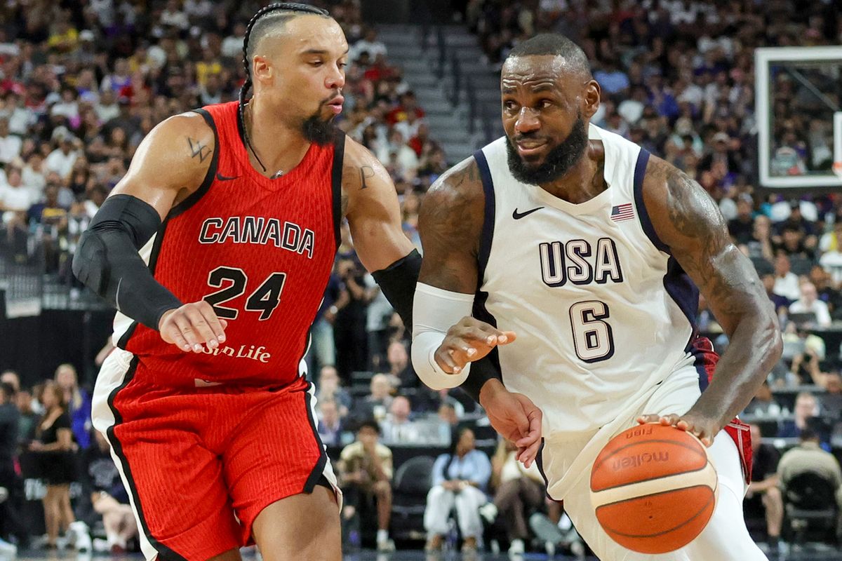The United States' LeBron James (6) drives against Canada's Dillon Brooks (24) in the second half of an exhibition game ahead of the Paris Olympic Games, at T-Mobile Arena on July 10, 2024, in Las Vegas.  (Tribune News Service)