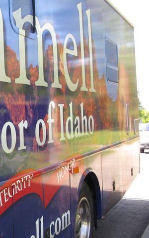Idaho gubernatorial candidate Rex Rammell's colorful campaign RV was parked for two weeks near a Boise freeway recently, serving as a campaign billboard instead of vehicle. Rammell's been busy coping with a bankruptcy and legal problems. (Betsy Russell / The Spokesman-Review)