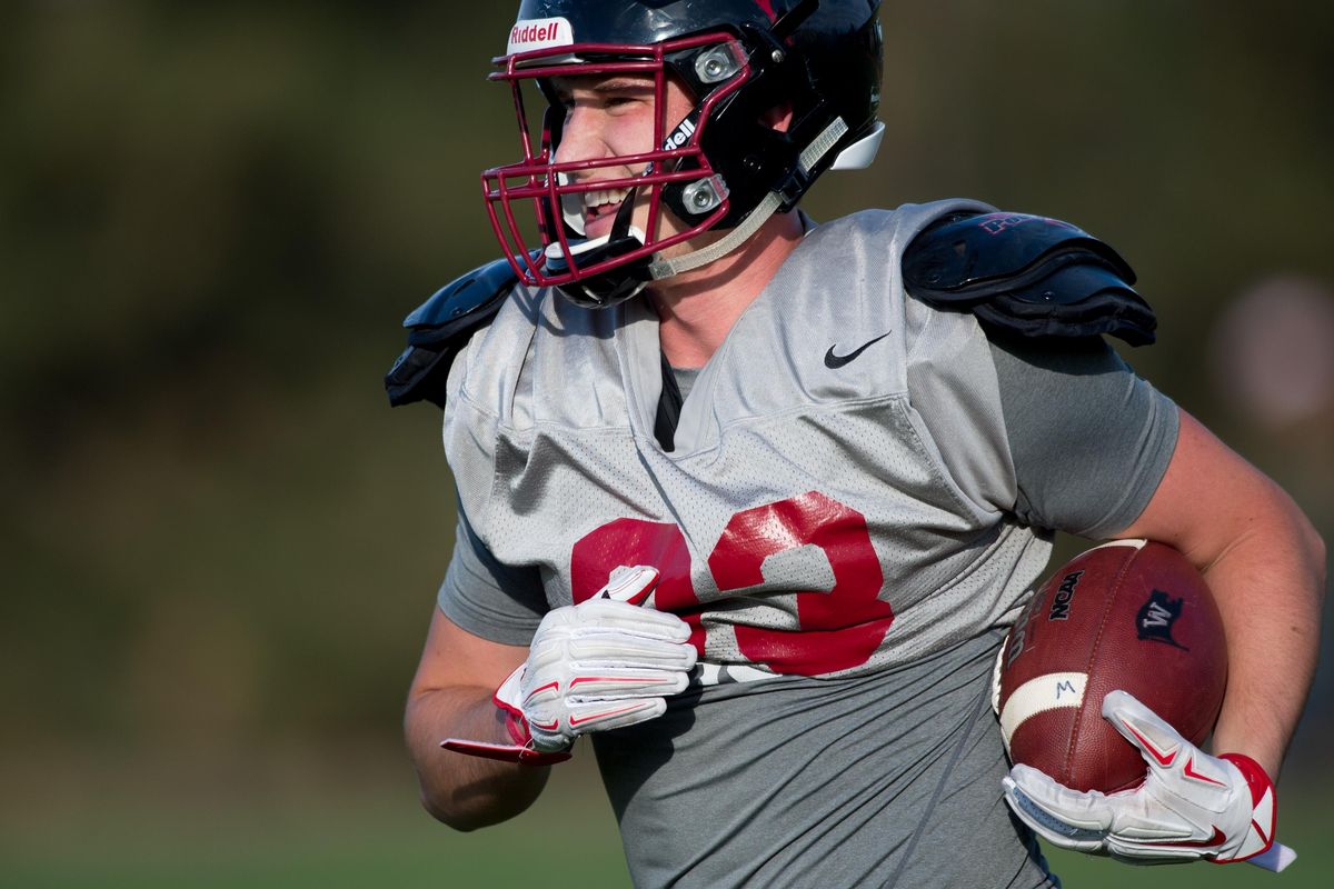 Whitworth wide receiver Nick Kiourkas runs the ball during practice on Wednesday. (Tyler Tjomsland / The Spokesman-Review)