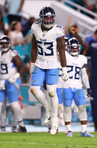 Seattle Seahawks linebacker Ernest Jones IV reacts while playing with the Tennessee Titans on Sept. 30 at Hard Rock Stadium in Miami Gardens, Fla.  (Tribune News Service)