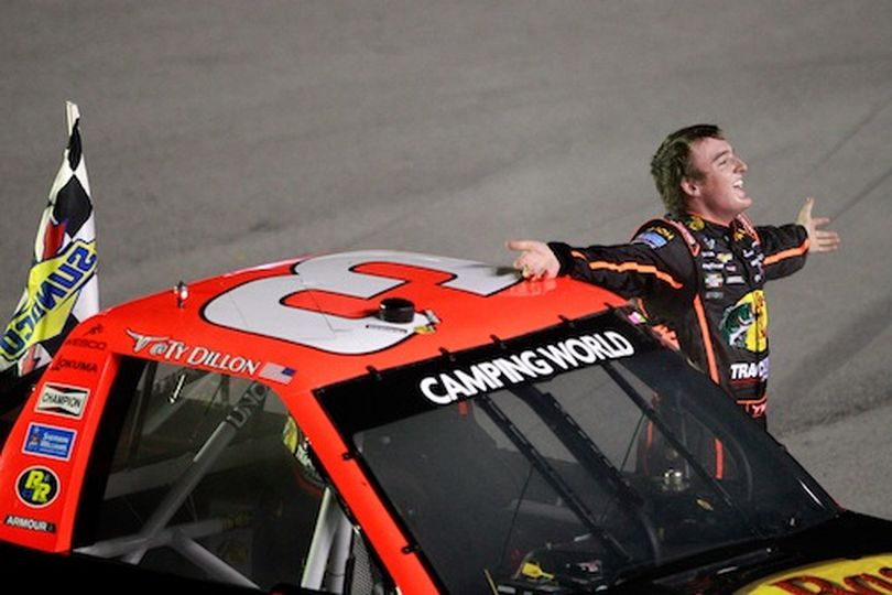Ty Dillon, driver of the #3 Bass Pro Shops Chevrolet, celebrates after winning the NASCAR Camping World Truck Series UNOH 225 at Kentucky Speedway on June 27, 2013 in Sparta, Kentucky. (Photo by Sean Gardner/NASCAR via Getty Images) (Sean Gardner / Nascar)
