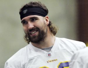 FILE - In this Jan. 13, 2010 file photo, Minnesota Vikings defensive end Jared Allen looks on during football practice in Eden Prairie, Minn. Allen recently cut his trademark mullet for his upcoming wedding. (Jim Mone / Associated Press)
