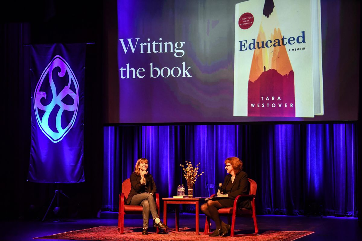 Tara Westover, left, talks with moderator Donna Wares about learning to write, Thursday, May 17, 2018, during the Northwest Passages Book Club in the Bing Crosby Theater. (Dan Pelle / The Spokesman-Review)