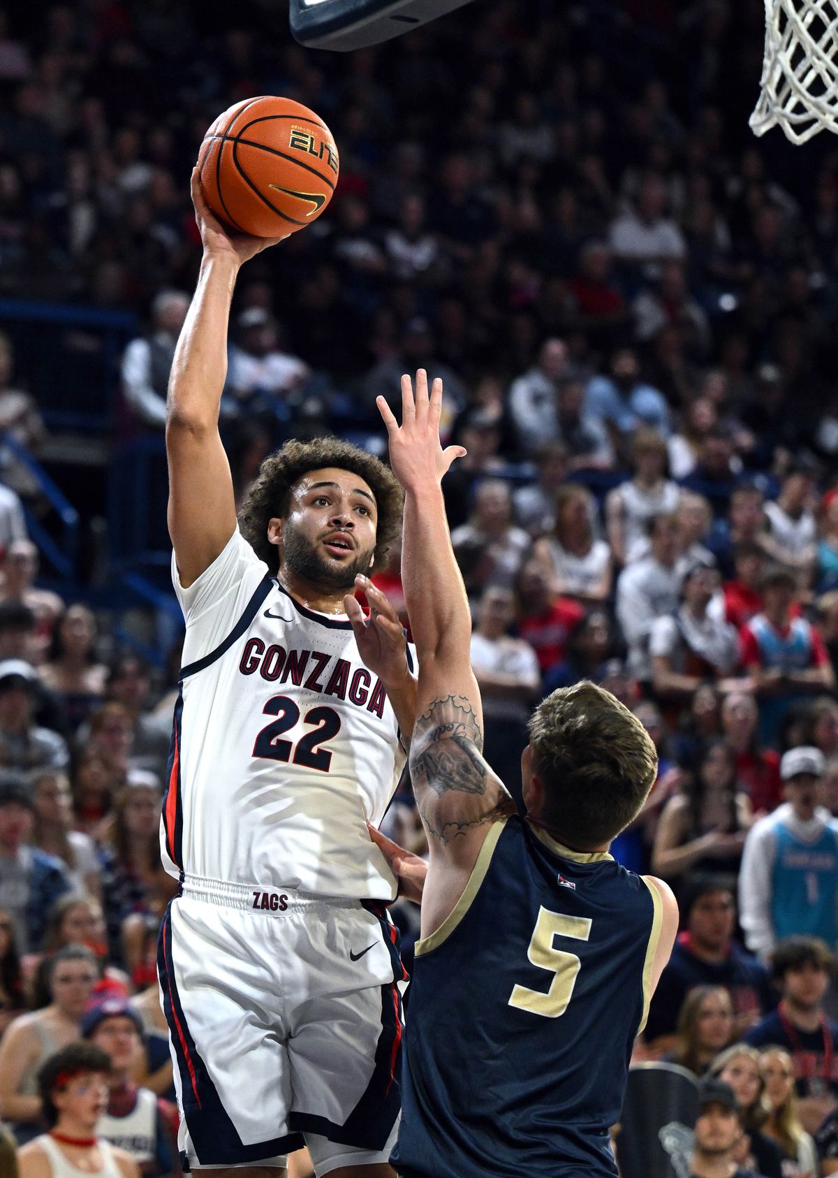 Gonzaga forward Anton Watson, who scored 20 points, shoots as Eastern Oregon forward Preston Chandler defends during the first half Tuesday at McCarthey Athletic Center.  (COLIN MULVANY/THE SPOKESMAN-REVIEW)