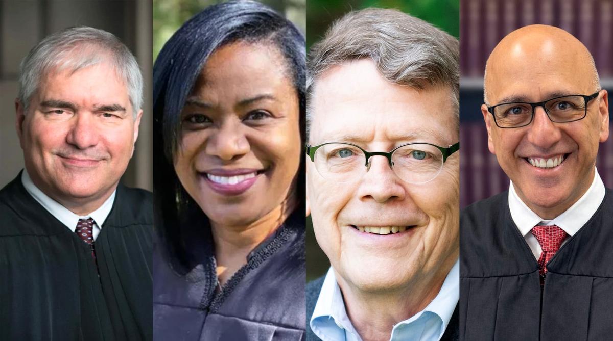 Candidates for Washington State Supreme Court Position 5 are shown from left to right, Dave Larson, Sharonda Amamilo, Greg Miller and Theo Angelis.  (handout photos)