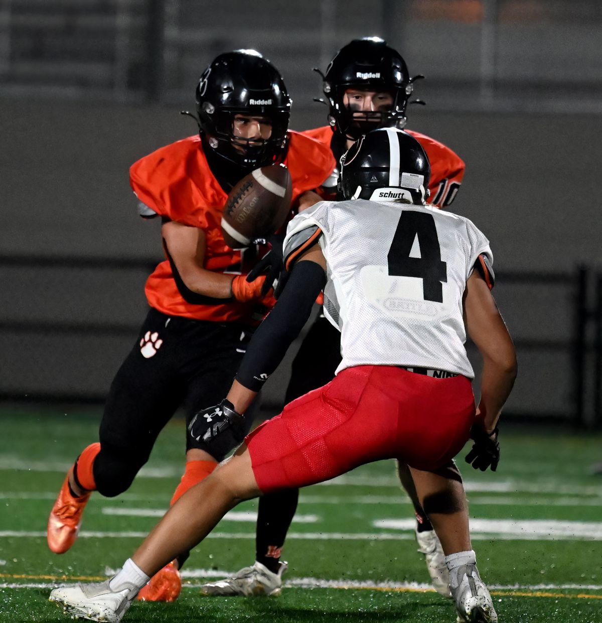 Lewis and Clark running back Gentz Hilburn fumbles the ball and Cheney recovers during first quarter of a high school football game, Thursday, September 29, 2022, at Union Stadium in Mead.  (COLIN MULVANY/THE SPOKESMAN-REVIEW)