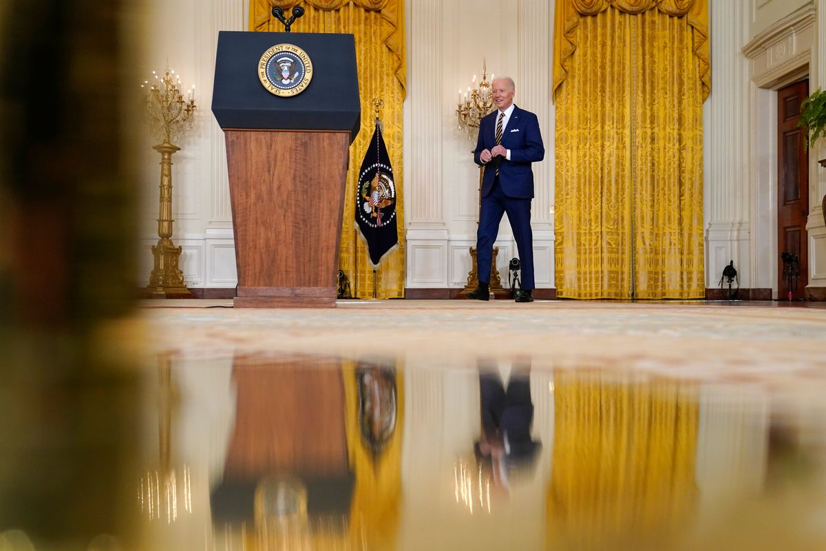 President Joe Biden arrives to speaks at a news conference in the East Room of the White House in Washington, Wednesday, Jan. 19, 2022.  (Susan Walsh)