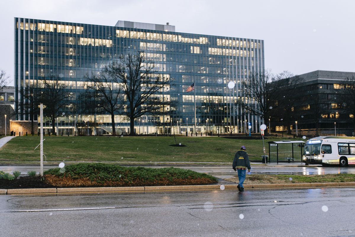 Rain showers pass over the Social Security Administration headquarters in Woodlawn, Maryland, on March 20. MUST CREDIT: Wesley Lapointe/For The Washington Post  (Wesley Lapointe/For The Washington Post)