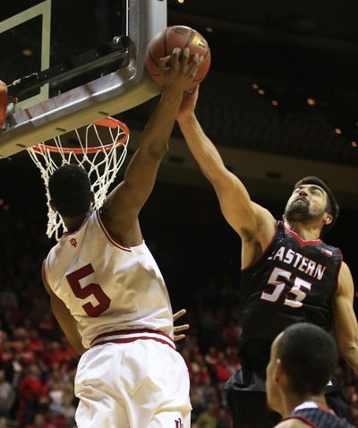 Indiana’s Troy Williams has his shot blocked by Eastern Washington’s Venky Jois with a little help from the backboard in the Eagles’ historic win at Assembly Hall on Monday. (Associated Press)