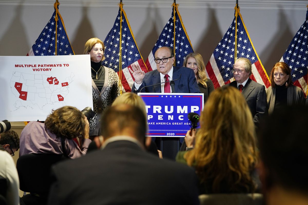 Former Mayor of New York Rudy Giuliani, a lawyer for President Donald Trump, speaks during a news conference at the Republican National Committee headquarters, Thursday Nov. 19, 2020, in Washington.  (Jacquelyn Martin)