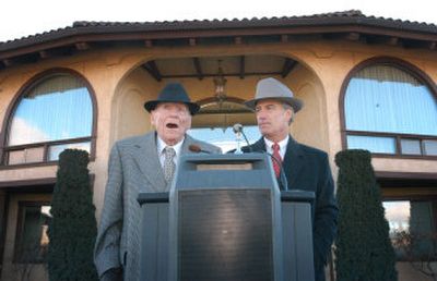 
Gov. Dirk Kempthorne, right, stands next to potato magnate J.R. Simplot  at Simplot's home in Boise in December 2004. Simplot's family has given their home in Boise to the state for use as the governor's mansion. The property is valued at about $2.1 million. 
 (Associated Press file photo / The Spokesman-Review)