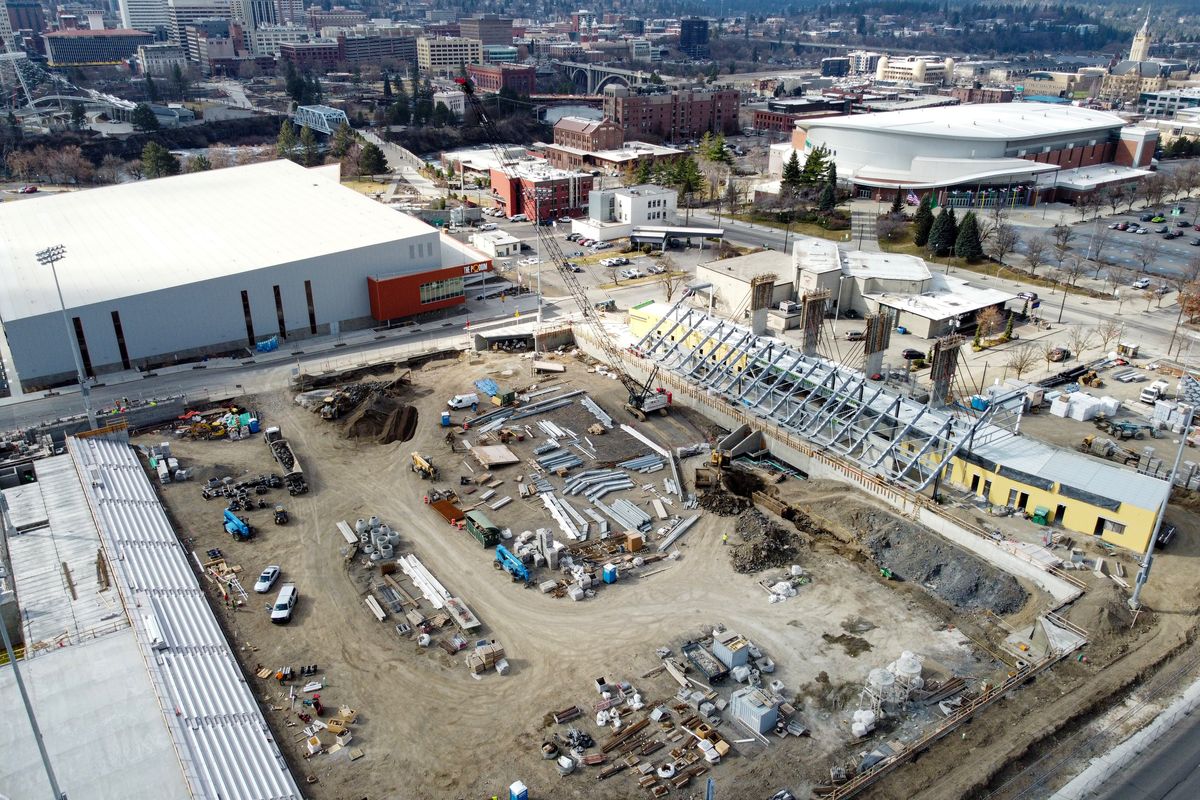 Construction crews work on the downtown stadium in May. The more than $30 million facility will host professional soccer teams, high school football games and other events after it