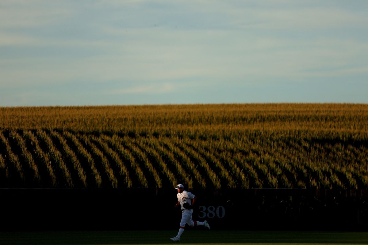 Nick Senzel of the Cincinnati Reds runs to the dugout against the Chicago Cubs at Field of Dreams on Aug. 11, 2022, in Dyersville, Iowa.  (Getty Images)