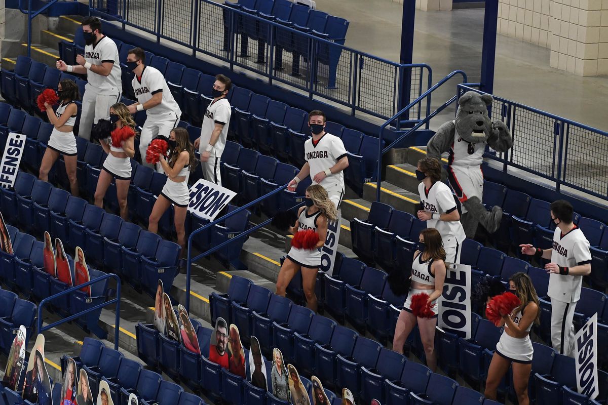 The Gonzaga cheerleaders returned to the Kennel on Feb. 18 for the Zags’ college basketball game against St Mary’s at the McCarthey Athletic Center.  (Colin Mulvany/THE SPOKESMAN-REVIEW)