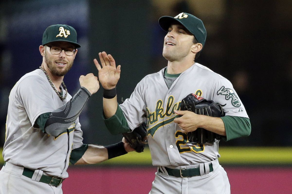 Athletics Danny Valencia, right, and Eric Sogard share congratulations after 4-2 victory over the Mariners in Seattle. (Associated Press)