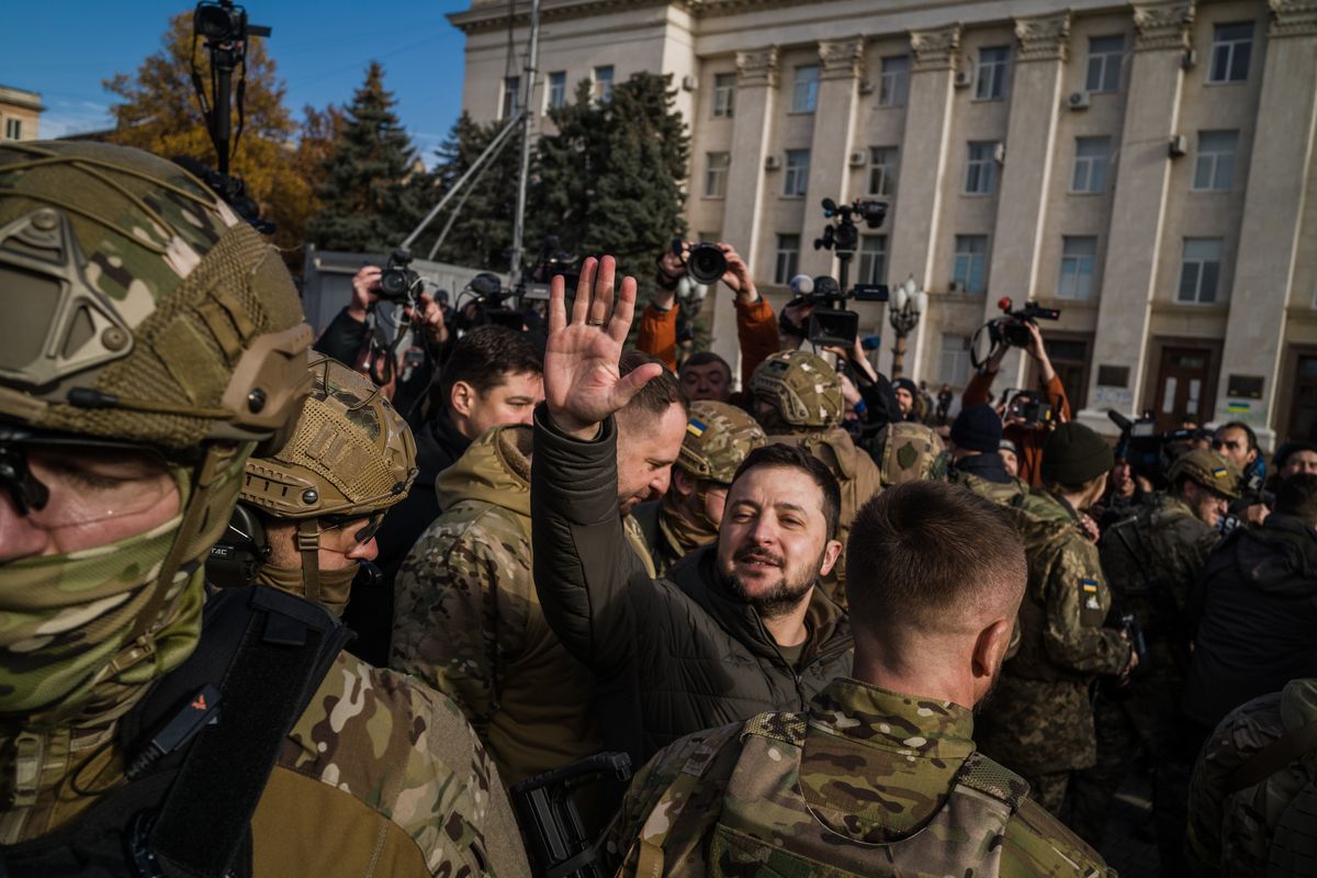 Ukrainian President Volodymyr Zelensky visits the liberated city of Kherson, Ukraine, on Nov. 14. To fully repel Russia