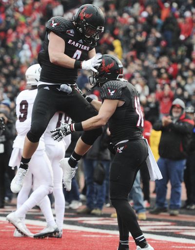 Eastern Washington Eagles wide receiver Cooper Kupp (10) celebrates with quarterback Gage Gubrud (8) after scoring a touchdown during the second half of a college football game on Saturday, Oct 29, 2016, at Roos Field in Cheney, Wash. (Tyler Tjomsland / The Spokesman-Review)