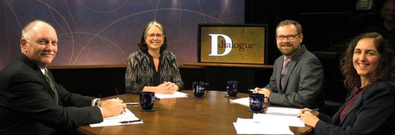 From left, Gary Moncrief, host Marcia Franklin, Greg Hahn and Betsy Russell on Idaho Public TV's 