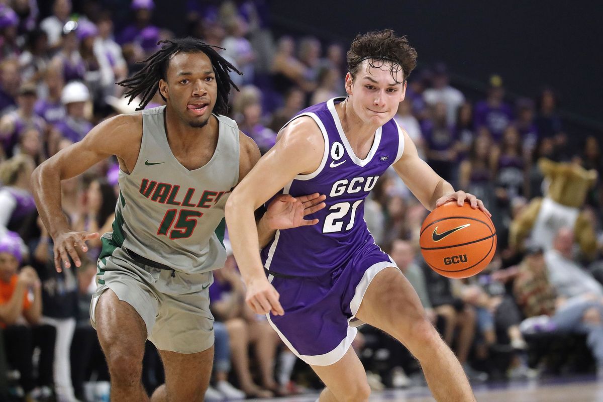 GCU’s Liam Lloyd drives against Mississippi Valley State’s Jordan Johnson in a game Dec. 4 in Phoenix.  (Grand Canyon Athletics/Courtesy)