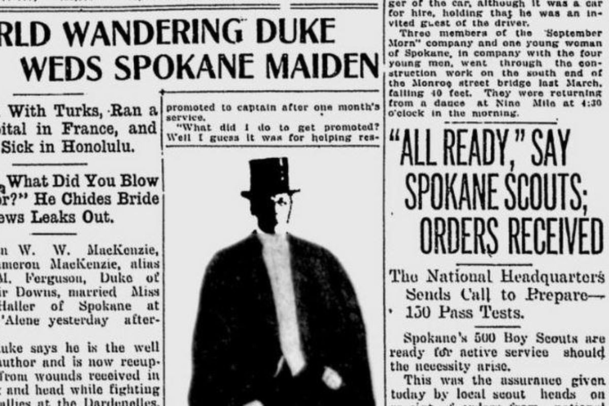 Capt. W. W. MacKenzie, reportedly the Duke of Dunsmuir Downs, married Ethel Haller, The Spokesman-Review reported on Feb. 16, 1917. (Jonathan Brunt / Spokesman-Review archives)