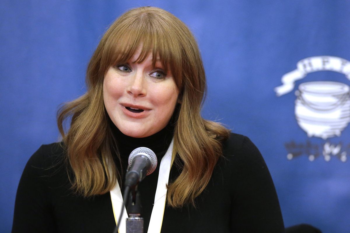 Actor Bryce Dallas Howard takes questions during a news conference following a roast at the Hasty Pudding Woman of the Year Presentation, Thursday, Jan. 31, 2019, at Harvard University, in Cambridge, Mass. The award was presented to Howard by Hasty Pudding Theatricals, a theatrical student society at Harvard University. (Steven Senne / Associated Press)