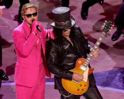Ryan Gosling, left, and Slash perform “I’m Just Ken” from “Barbie” onstage during the 96th Annual Academy Awards at Dolby Theatre on March 10 in Hollywood, Calif. Slash is coming to the Northern Quest Resort and Casino on Saturday.  (Getty Images)